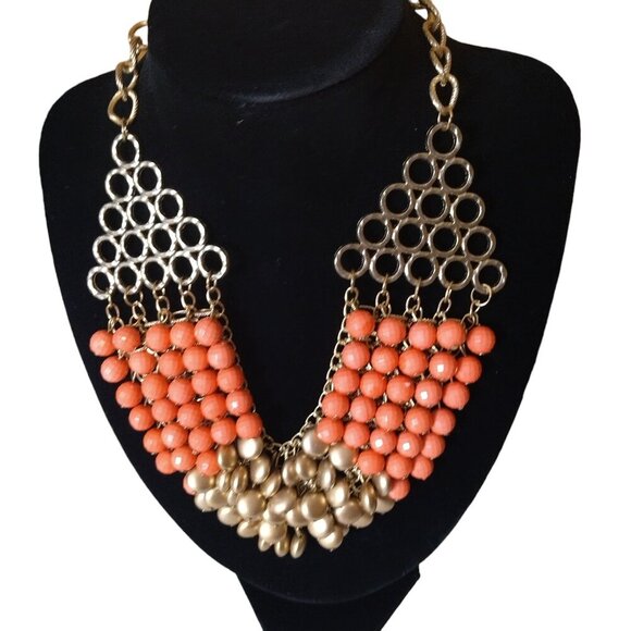 Bib Collar Wide Coral Color Beaded Gold Tone Chain Statement Piece Costume - Picture 3 of 7